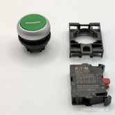 M22-DG-X1-K01 Kit Botón pulsador plano, color verde, momentáneo, símbolo l + Adaptador + Contacto NC