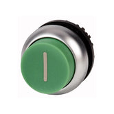 Botón pulsador saliente, color verde, con retención, símbolo l