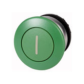 Botón pulsador tipo hongo, color verde, con retención, símbolo l