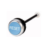 Botón pulsador plano, color azul, momentáneo, símbolo RESET