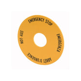 Leyenda circular diámetro= 60mm, color amarillo, leyenda de emergencia en 4 idiomas,