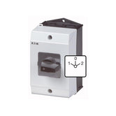 Interruptor selector reversible 1-0-2, 3P 32A a 440V, montaje superficie, en caja asilante IP65