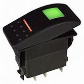 Interruptor Rocker Switch color negro, Función (ON)-NONE-OFF, iluminación color verde, 20A 12VDC. Conexión por terminales de espada.